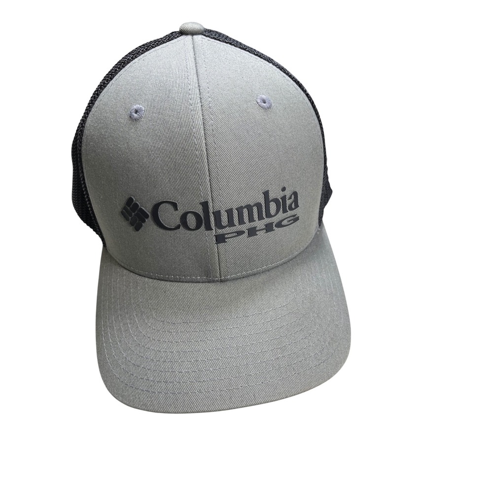 Columbia PFG FlexFit Hat Gray Black Mesh Fishing Hunting Cap Lab Dog